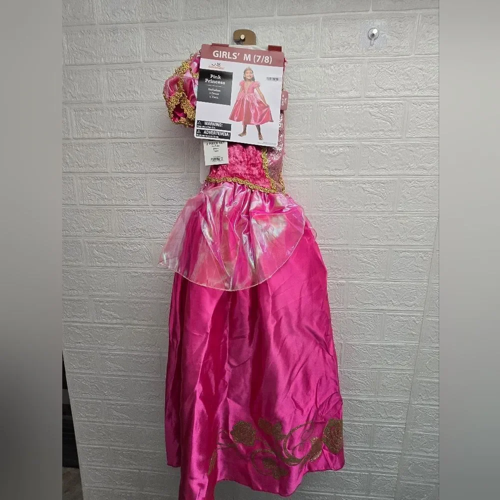Pink Princess Costume Dress Tiara Gold Sparkled Size M 7/8 Pretend Play Cosplay